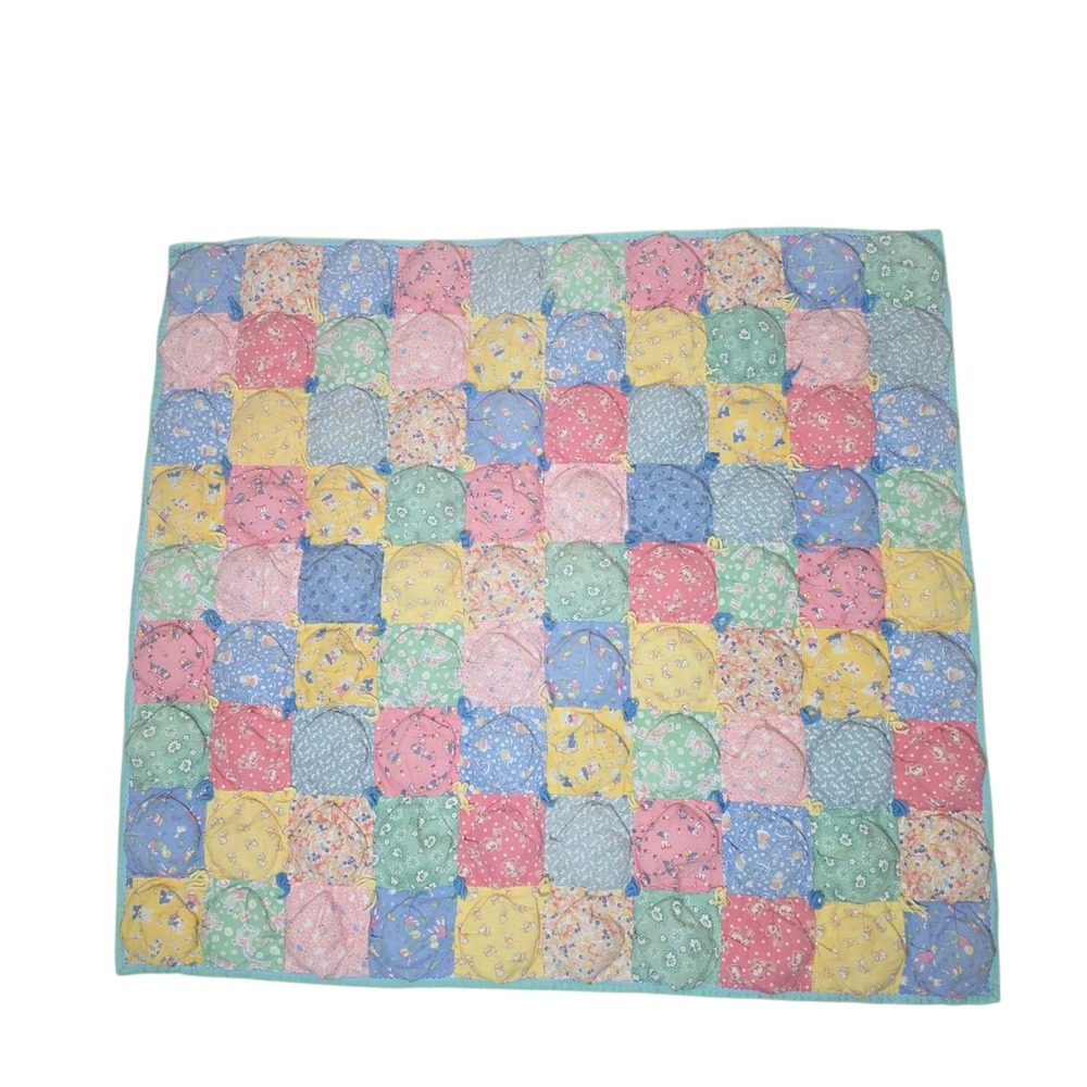 Vintage Handmade Pastel Floral Puff Biscuit Baby Quilt Patchwork Cottagecore
